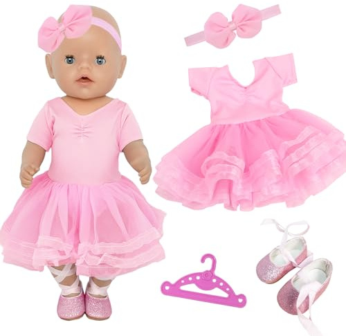 YAEGIMHT Doll Clothes for 14-18 Inch Baby Doll, Pink Doll Dress with Butterfly Bow Headband, Dancing Shoes, Hanger, Sweet 35-45cm Dolls Clothes Tutu as Girls Dressing Doll Gift