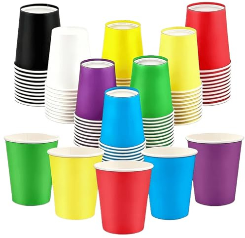 Solinorex Set de 80 Vasos Desechables， Vasos Carton Desechables Reutilizables Multicolores – Vasos Ecológicos de 260 ml para, 8 Colores (Blanco, Rojo, Azul, Amarillo, Naranja, Morado, Negro, Verde)