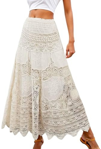 Faldas Mujer de Playa Bohemia de Encaje Calado para Mujer, Elegante Falda Informal de Verano con Dobladillo de Crochet, para Uso Diario y Fiestas navideñas.