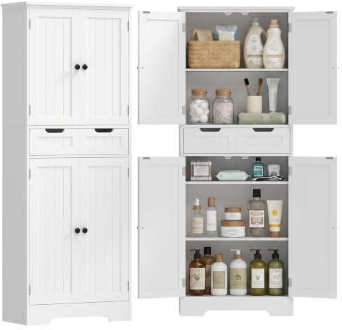 HOMCOM Meuble de Salle de Bain avec Tiroir 4 Portes 60 x 30 x 160 cm Blanc