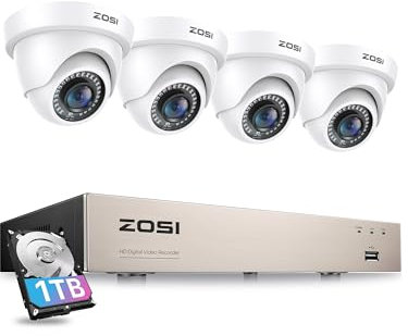 ZOSI 8 Channel 1080P CCTV Camera System with AI Human Vehicle Detection, 5MP Lite H.265+ DVR with 1TB Hard Drive and 4x 1080P 2MP Dome Security Cameras Indoor Outdoor with Night Vision,Remote Access
