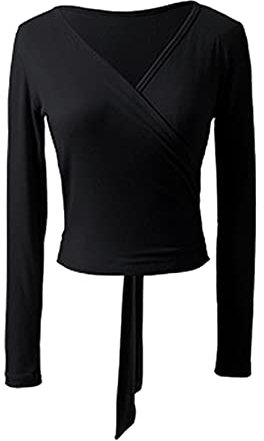 YiZYiF Damen Wickeljacke Langarm Kurzarm V Ausschnitt Wickel Tops Schulterjacke Shrug Top Ballett Tanz Gymnastik Oberteil T-Shirts Blusen Schwarz_C S