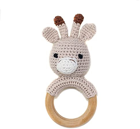 Baby Rassel Beißring Baby Spielzeug Häkel Rassel Holz Greifling Baby Rassel Geschenk zur Geburt,Niedliche Fuchs Tiger Löwe Hase Babyrassel, Baby Kleinkind Frühe Lernspielzeug für Jungen Mädchen Baby