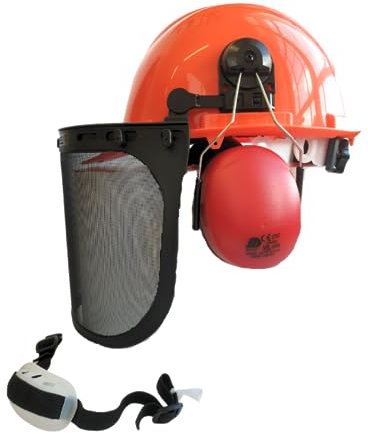 Viwanda Kettensägen-Schutzhelm Forsthelm, Forstschutzhelm mit Maschenvisier, Kapselgehörschutz und Kinnriemen - Gehörschutzmanschette und Netzvisier, orange, Einheitsgröße