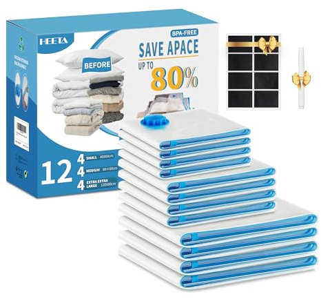 HEETA Vakuumbeutel für Bettdecken, 12 Stück Vakuumierbeutel Kleidung (4 Jumno, 4 Groß, 4 Klein), Wiederverwendbare Saugbeutel für die Aufbewahrung, Organisation, Reisen Sparen Sie 80% mehr Stauraum