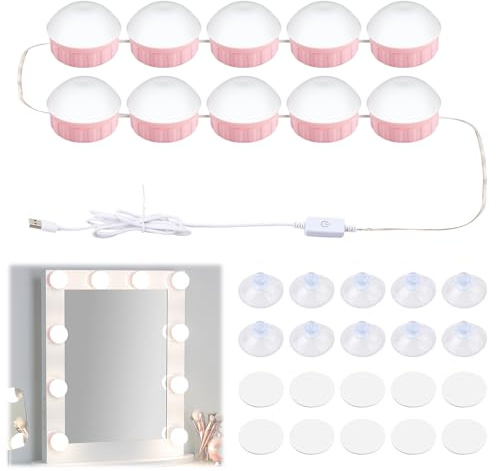 Pagezol Dimmable Vanity Mirror Lights Kits, 10 Bulbs Hollywood Style LED Makeup Lights, 3 Colour Changing & Brightness Adjustable, LED Make up Light for Dressing Table Room, Bathroom, Bedroom (Pink)