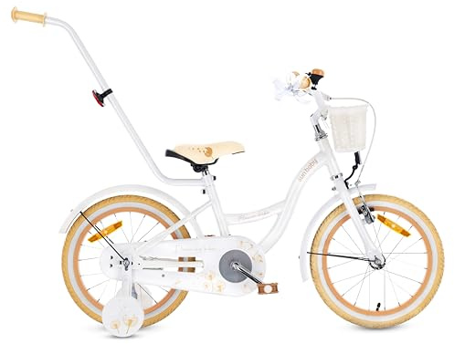 sun baby FLOWER BIKE Barncykel för en flicka 12 14 16 tum, Flickcykel 2-6 år, Cykel för barn med stödhjul, pushbar, justerbar sadel och styre