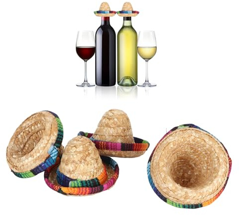 POTRUWE 4st Mini Mexikanska Sombrero Hattar, Mexikanska Fiesta Dekorationer för Flaskor Dekoration Mexikanska Flaskor Hattar Mini Halmhatt Vinflaskor Topper Fiesta Mexikanskt