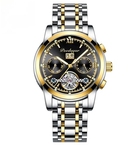 Poedagar Automatic Mechanical Man Wristwatch Hollow Tourbillon Stainless Steel Men Watch Waterproof Luminous Date Men's Watches, Gold Black