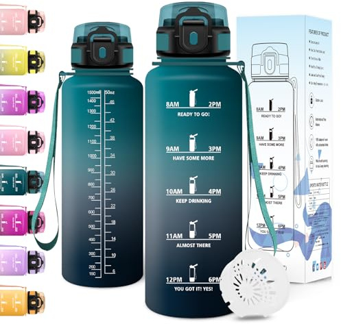 Motswedi Borraccia 1,5 litri, con Filtro, Borraccia Motivazionale, Prova di Perdite, Senza BPA, Bottiglia Acqua, con Marcatori di Tempo, per Palestra, Ufficio, Yoga, Ciclismo, Verde Scuro & Grigio