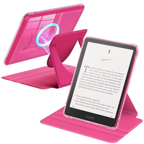 MoKo 360° Rotating Case for 7 Kindle Paperwhite 12th Generation 2024 & Kindle Colorsoft 2024/2025, Clear Back Detachable Magnetic Protective Adjustable Stand Cover with Auto Wake/Sleep, Raspberry