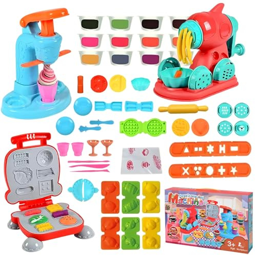 3 in 1 Play Color Dough Kitchen Creations Set, Ice Cream Noodle Hamburger Maker Machine, Deluxe Dough Tools Kit for Kids, Modelling Clay Set, Educational Toy Gift for Kids 3+