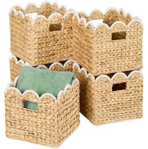 Best Choice Products 10.5x10.5in Scalloped Hyacinth Baskets, Set Of 5 Multipurpose Collapsible Storage Organizer, Handwoven Laundry Totes for Bedroom, Living Room, Shelves – Natural w/White Trim