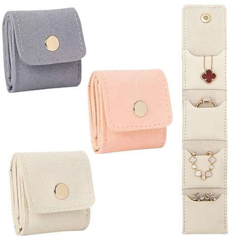KERYBW 3 pezzi generici da viaggio, borsa portagioie pieghevole, mini borsa da viaggio compatta per orecchini, collane, anelli, regalo di festa (microfibra beige + grigio+rosa)