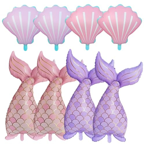 8Pcs Mermaid Tail Balloons Shells Birthday Party Decorations Mermaid Foil Seashell Under The Sea Balloon Garland Kit for Summer Indoor Outdoor Wedding Supplies