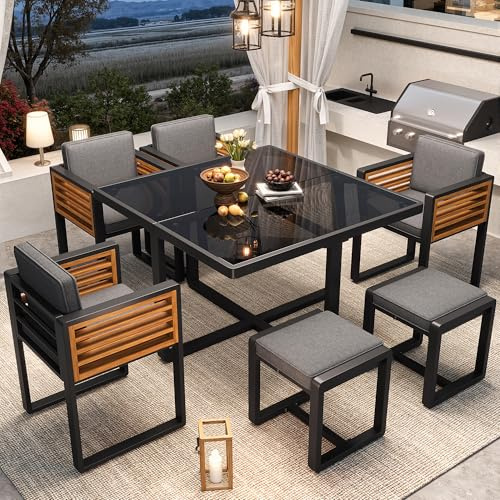 Kebnor Juego de muebles de jardín, 6 sillas con mesa, muebles de terraza, juego de muebles de balcón para 6 personas, juego de muebles de jardín (113 x 113 x 76 cm)