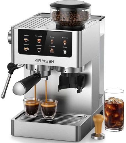 AIRMSEN Bean to Cup Coffee Machine - 20 Bar Espresso Machine with Grinder & Milk Frother, 10 Grinding Settings, 1.8L Removable Water Tank for Home