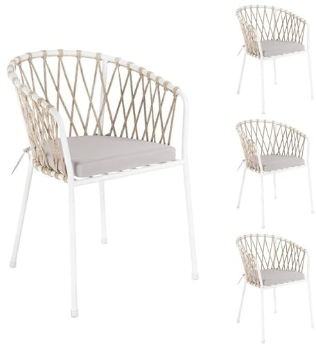 LOLAhome Set 4 Sillas de Jardín Myra de Acero y Cuerda Trenzada Color Blanco, 52x51x80 cm, Cojín Incluido, Ergonómica, Diseño Elegante y Resistentes, Patas Desmontables Uso Exterior