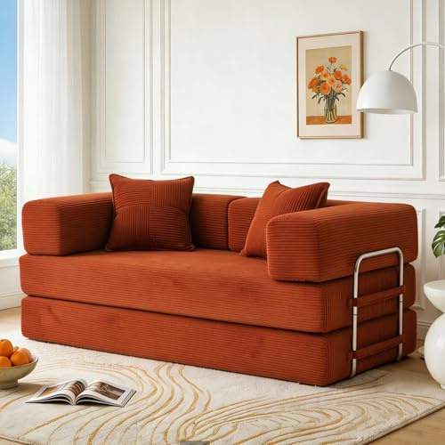 160cm Sofá Cama 2 Plazas con Espuma y Muelles para Salón,Naranja | Pana,5 en 1 Versatile,Plegable