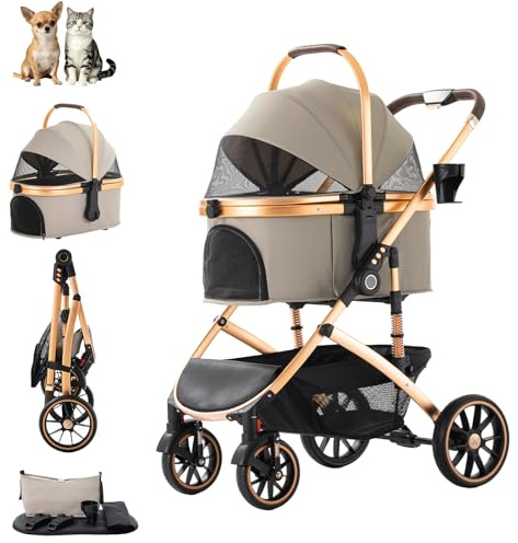 Zkiprm pieghevole passeggino per cani, passeggino per media gatti & cani, con trasportino rimovibile, Dotato di: cestino | portabicchieri | ruote 360° | cintura sicurezza | carico max 22 kg