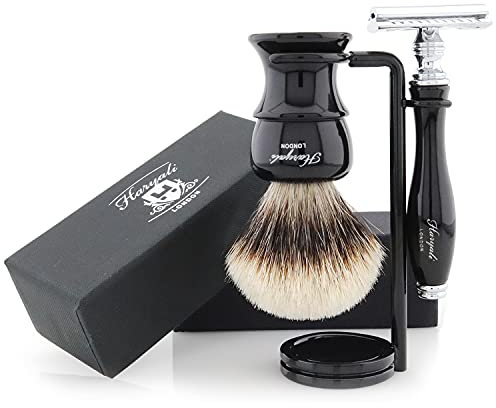 Haryali London Rasierset - Rasierhobel, Dachshaar Rasierpinsel, Rasierständer - doppelkante Rasierklingen Rasierhobel - 3 teiliges Rasierhobel Set - Schwarz Rasierpinsel Set als Geschenkset