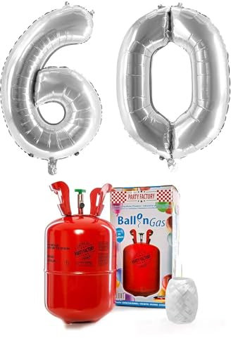 Party Factory – Helium Gasflasche 200L im Set mit XXL Zahlenballon 60 Silber – Partydeko Ballongas Flasche mit Folienballon & 40 m weißer Ballonschnur – Einwegflaschen mit Knick-Füllventil