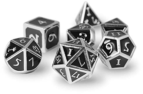 Pen & Paper Polyeder Würfel 7-teilig aus Metall (Silber/Schwarz Steampunk)