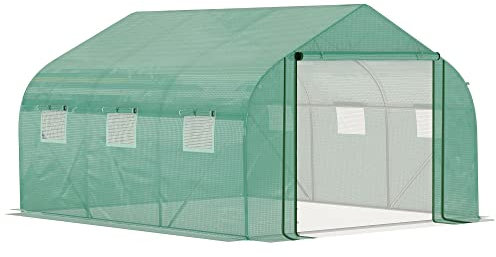 Outsunny Serra da Giardino a Tunnel con Porta Avvolgibile, 6 Finestre e Tetto a Spiovente, Serra per Orto in PE per Piante, 3.47x3x2 m, Verde
