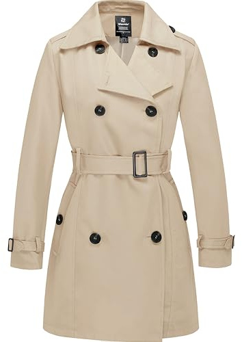 Wantdo Cappotto Antivento Doppiopetto Autunnale Trench Casual con Cintura Parka Elegante Media Lunghezza Giacca Bavero Vintage Donna Cachi 48