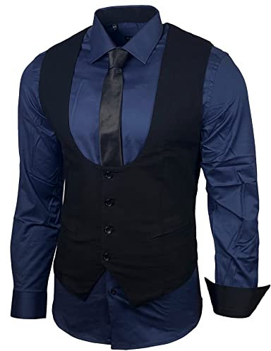 Herren Hemd Weste Krawatte Set Business Anzugweste Westen Slim Fit Smoking Frack Business Herrenanzug-Set Sakko B-101, Farbe:Marine, Größe:M