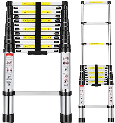 Telescoping Ladder, 12.5FT Aluminum Extension Ladder with 2 Replacement of Non-Slip Rubber Cover, 330 lb. Load Capacity, Collapsible Telescopic Ladder Portable Multi-Purpose for Indoor Outdoor