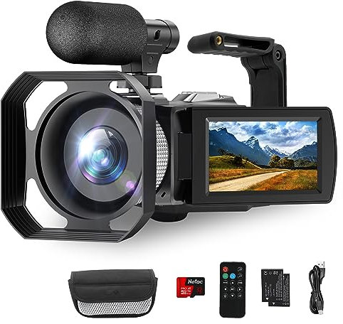 Hojocojo Videokamera 4K Camcorder 48MP 60FPS, 18X Digitalzoom Webcam Video Kamera Vlogging Kamera für YouTube mit Handstabilisator, Gegenlichtblende, Fernbedienung, 2 Batterien, 32GB SD Karte