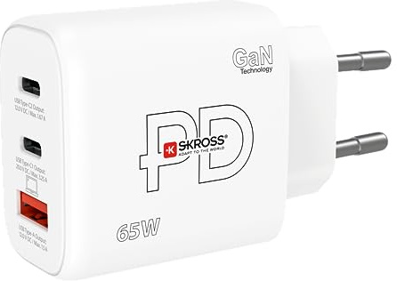 SKROSS - Power Charger 65W Gan EU - PC -Ladegerät, Tablet, Smarthone mit Schnellem Laden 65 W - Lader mit 3 USB -Geräten (USB 18W + USB C 20W + USB C 65W) mit EU -Sockel