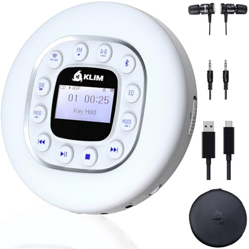 KLIM Journey - Portable CD Player with Long-Lasting Battery - New - w/Headphones - Radio FM - Compatible MP3 CD Player - SD Card, FM Transmitter, Bluetooth - Ideal for Cars - White