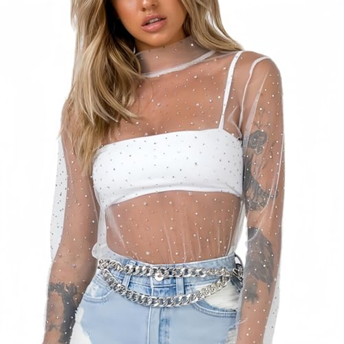 SamHeng Femmes Sexy Sheer Mesh See Through Tops Chemise à manches longues Col montant Sparkle Basic Tee Blouse Tops Party Clubwear (Blanc/M)