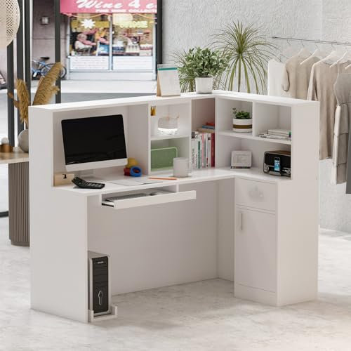 Caldion Weißer Empfangstheke mit 1 abschließbarer Schublade,Rezeptionstresen mit Ablagen,Empfangstresen mit Tatsaturschublade,Bürotheke Rezeptiontisch für Salon Lobby Cafe Restaurant,140x80x120cm