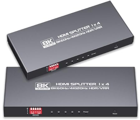 diaogenlee 8K HDMI-splitter 1 i 4 ut 4K120hz, HDMI 2.1-splitter 1 x 4 8K60Hz, nedskalare EDID-läge, nyans ljussynkronisering, kompatibel med Xbox Series X, PS4 Pro, PS5, Blu-ray-spelare