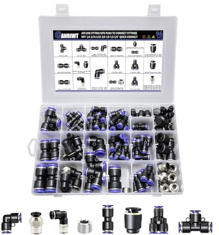 96Pcs Quick Connect Air Hose Fitting Kit, NPT 1/4,3/16, 5/32,3/8,1/8,1/2,5/8 Push To Connect Fittings Air Line Pneumatic Fittings Kit Connectors for Automotive Car or Industrial Workshops