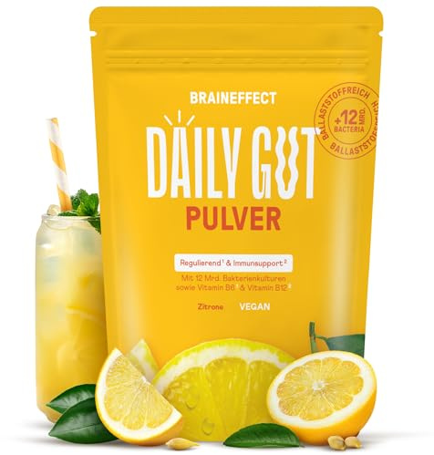BRAINEFFECT DAILY GUT – Leckeres Probiotika Getränkepulver mit Ballaststoffen und Vitamine B6 + B12, Milchsäurebakterien zur Unterstützung des Darms, Zitronengeschmack – 240 Gramm