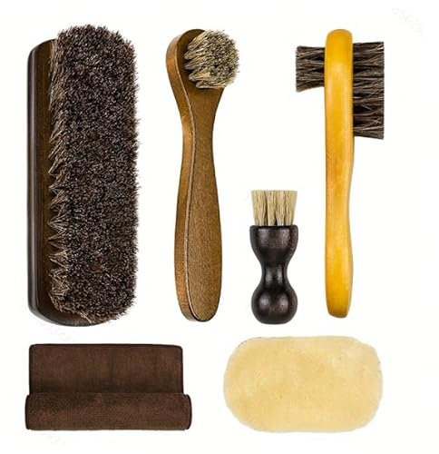 YUET Shoe Brush Set - Horsehair Brush for Shoe Shine Polish Buff - 3 Pcs Shoe Polish Dauber Applicator Brushes + 1 Pc Shoes Polish Cloth Glove Brown (6 Pcs)