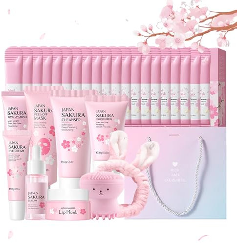 Hautpflege Set für Teenager-Mädchen, Japan Sakura Skincare Set, Anti-aging Gesichtspflege Set, Tägliche Skin Care mit Cleanser, Serum, Creme, Augencreme, Maske, Haarband, Gesichtsbürste