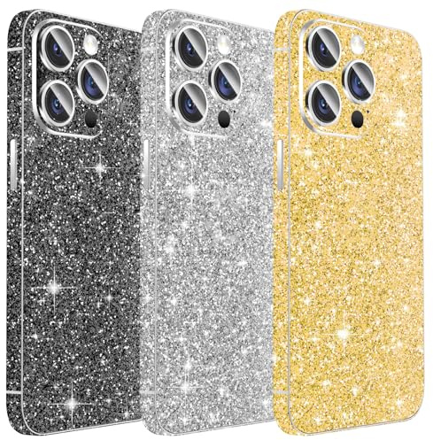 Kucheed 3 Pièces Protecteur de Peau Scintillant Compatible pour iPhone 14 Plus, Autocollant de Couverture Complète à Grain Pailleté, Protection Arrière Précise/Décorations de Téléphone Bling