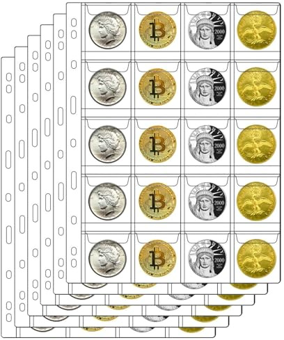 6 Sheets Coin Pages for Collectors, Standard 9-Hole Coin Collection Pages fit Most Binder, Coin Collecting Supplies (6 Sheets - 20 Pocket)