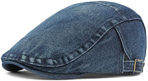 Newsboy Cap for Men Adjustable Flat Ivy Gatsby Cabbie Driving Hat Breathable Denim Cotton Golf Cap (Navy Blue)