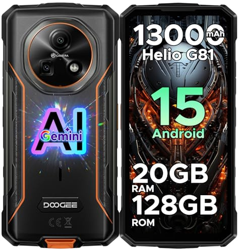 DOOGEE FIRE5PRO Téléphone Portable Incassable Android 15, 20Go + 128Go/TF 2TB, 13000 mAh, 6,6’’HD+ IPS, Caméra 13MP, Octa-Core Smartphone Incassable, IP68/IP69K/NFC/Face ID/3 Fentes pour Cartes