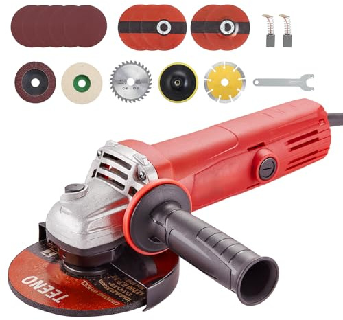 TEENO Angle Grinder 1000W with 20 Accessories, Corded Angle Grinder Speed 12000 RPM (Grinding/Cutting Disc: 125 mm), Used for Cutting and Polishing, Polishing, Metal, Wood, Ceramic, Stone