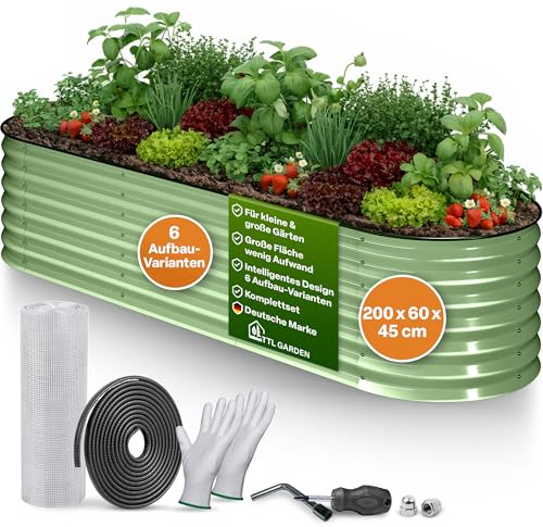 TTL GARDEN 200x60x45cm Metall Hochbeet Fusion 6-in-1 Salbei Grün - Stahl rostfrei verzinkt & lackiert 45cm hoch 60cm breit Wellblech Form oval stabil Garten Beet für Gemüse Kräuter Blumen Gartenbeet