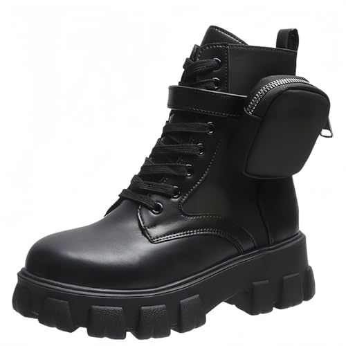 FQLGJMY Donna piattaforma Lace-Up stivali da combattimento rotondo chiuso dita tacco basso caviglia stivali corti con tasca tasca tacco medio spessa suola Punk moto autunno inverno stivali
