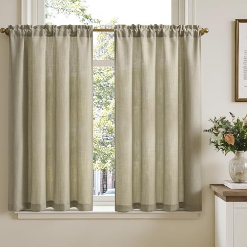 TOPICK Skivgardin bistrogardin set om 2 stycken 115 x 90 B cm fönstergardin linneutseende gardin modern gasväv halsdukar fönstergardiner ljusgenomsläpplig fönstergardin kök vardagsrum lantlig stil