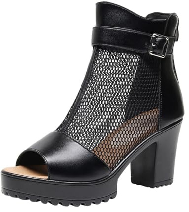 TNMIUH Mesh-Plateau-Stiefeletten Damen, Peeptoe, 8cm Blockabsatz, Reißverschluss, Netzstoff-Design, Sommer Stiefel, Leder, Elegant Sexy, Schwarz,Schwarz,34 EU